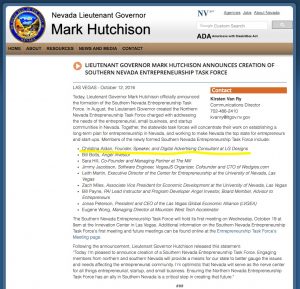 LIEUTENANT GOVERNOR MARK HUTCHISON ANNOUNCES CREATION OF SOUTHERN NEVADA ENTREPRENEURSHIP TASK FORCE